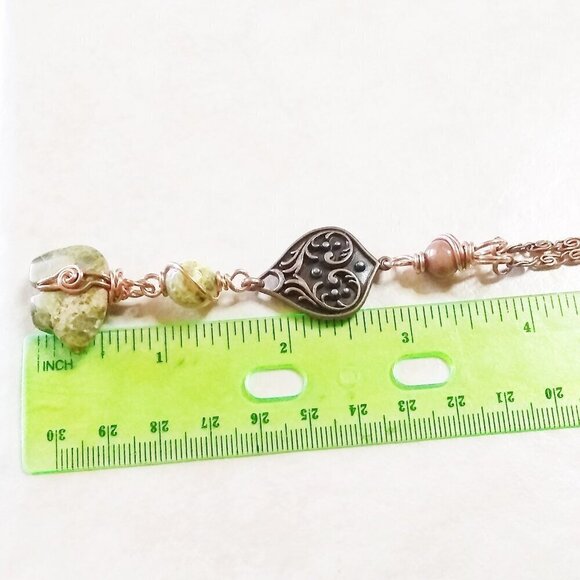 Unique Unakite Jasper Bear "Y" + Copper Necklace! 4 Wire Wrapped Beaded Sections - Picture 10 of 14